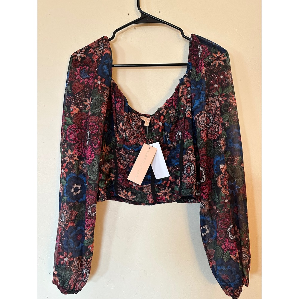 Evolutionary Floral Mesh Corset Top Long Sleeve Crop Blouse Multi XL 08301DMP